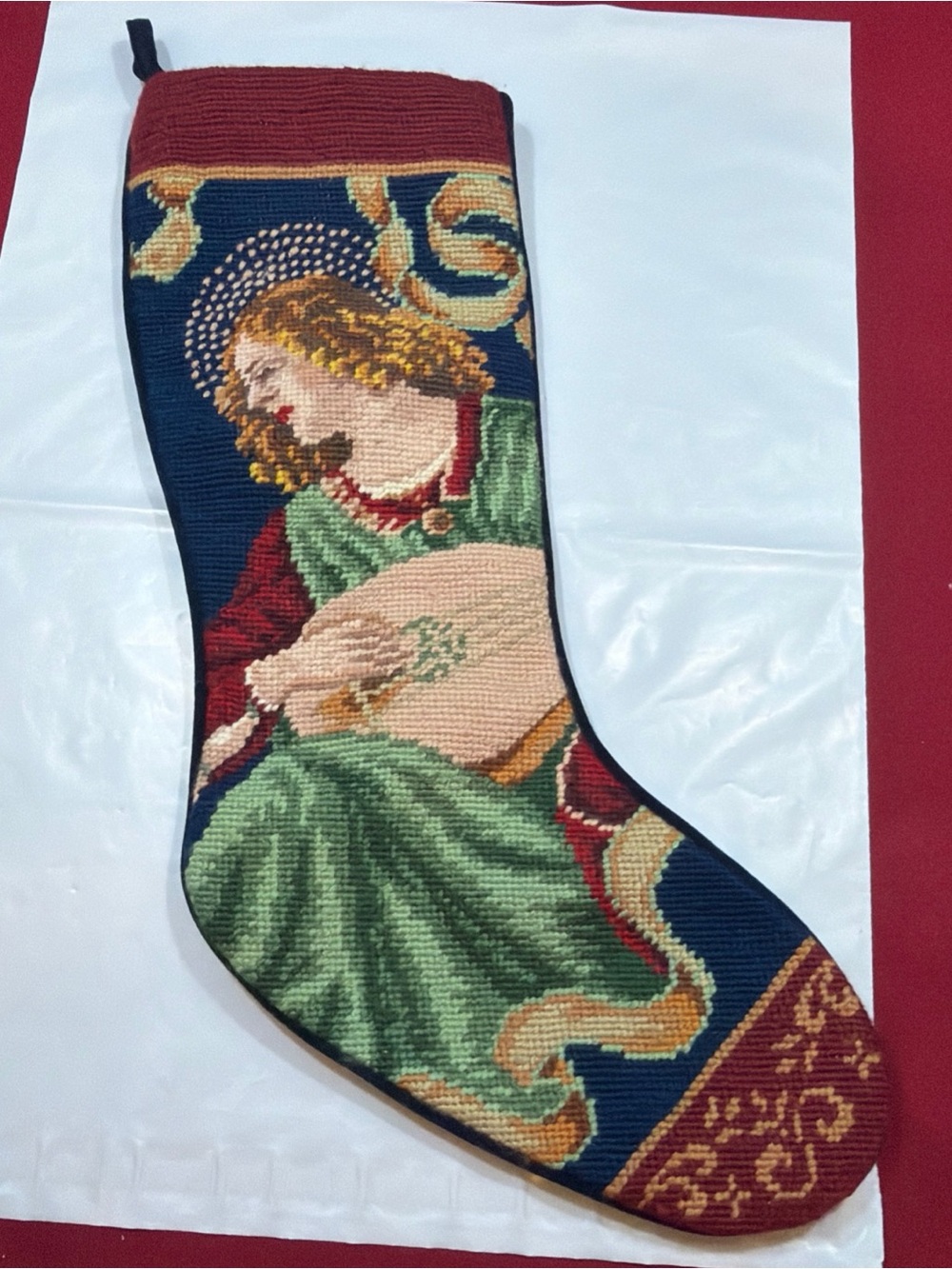 Vintage ANGEL Needlepoint VICTORIAN Christmas Stocking BLUE VELVET, BLUE Lining